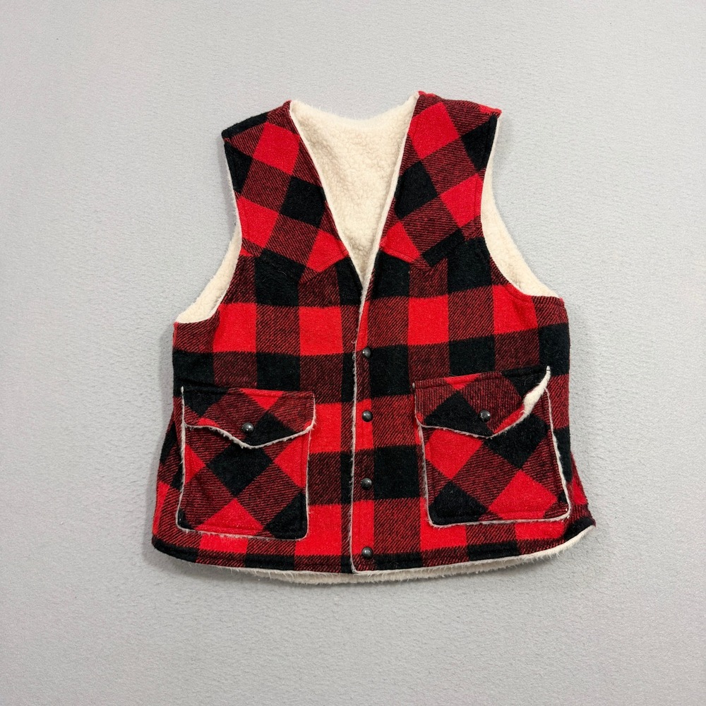 Vintage Sly Fox Vest Mens Large Red Buffalo Plaid Sherpa Lined Western Snap 70s
